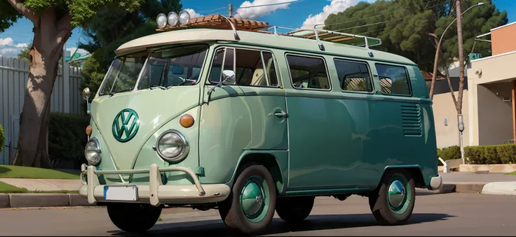 green and white vw bus parked on brick road, carrinha, microbus, vw bus on a street, vw microbus driving, bullies, foto de perfi...