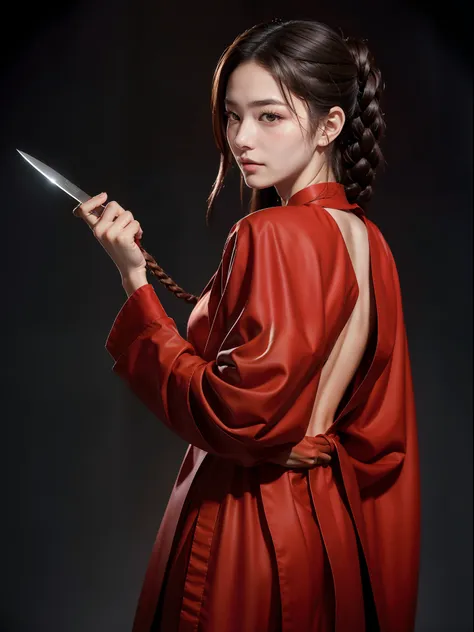 high quality 8k photos at masterpiece level：a martial arts style picture in a pose。a 20-year-old woman holds a knife on her ches...