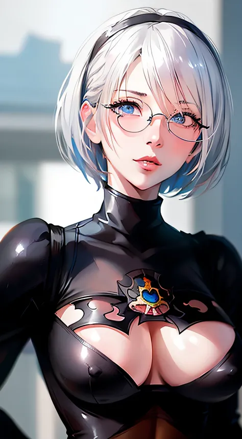 (detailed face and eyes:1.3),
n_2b,white background,inky,blue eyes，shorth hair，the upper part of the body，big breasts，cleavage o...