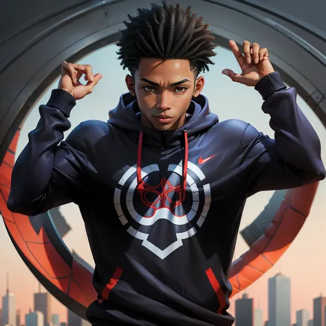 miles morales, cabelo crespo,roupa da nike,olhando para espectador, olha maldoso, olhos castanhos