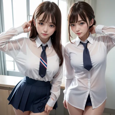 1girl, skirt_lifted, no panties, female public hair,, NSFW, (:1.3), white shirt, transparent, blue_eyes, blue_necktie, blue_skirt, bra, bra_visible_through_clothes, breasts, brown_hair, clothes_lift, cowboy_shot, lifted_by_self, lips, long_hair, looking_at...