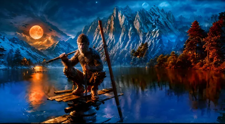 wukong \(black myth\), ((crouched on top of a high wooden pole in a lake, the moon in the sky, holding a wooden stick above his ...