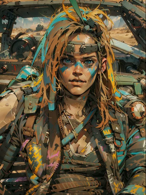 a post-apocalyptic warrior, close em uma mulher de 35 anos quase nua no estilo simon bisley em um carro estilo mad max futurista...