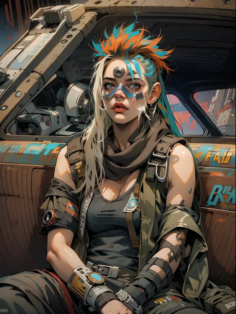 a post-apocalyptic warrior, close em uma mulher de 35 anos quase nua no estilo simon bisley em um carro estilo mad max futurista...