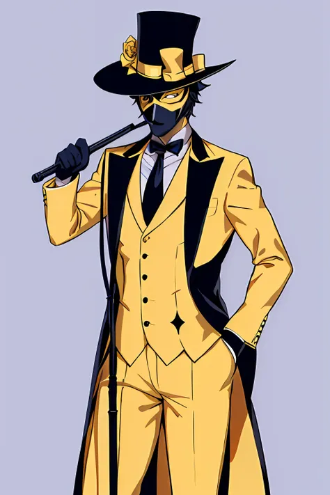 the man in the yellow suit, hat top hat, mask, cane, avatar of deception,   best quality, vector style