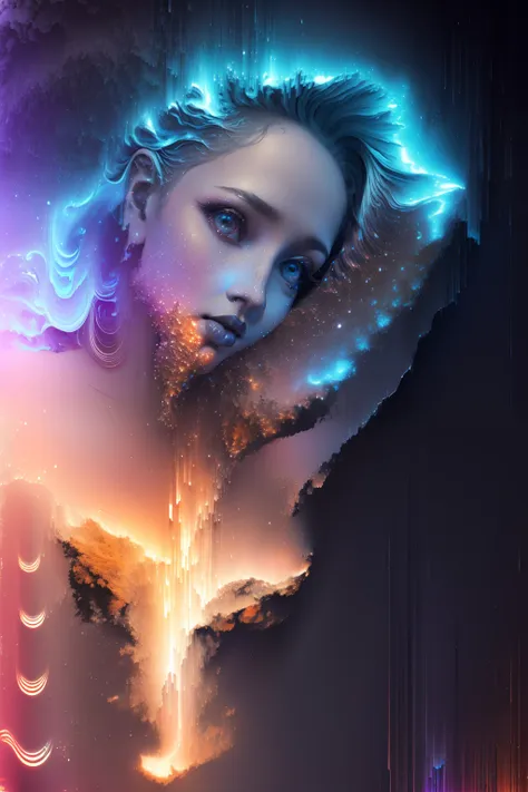 pixel sorting, very pretty girl emerged in eternal tera stream of everlasting data flowing through infinite light dispersion loo...