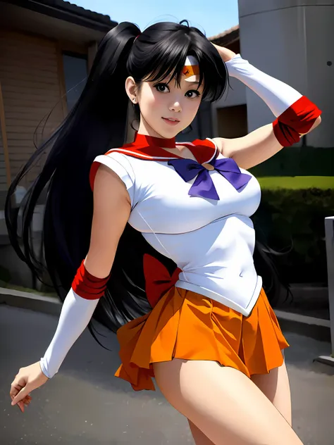 japan woman wearing sailor mars costume posing for photo, beautiful flaxen hair、poneytail、ultra mini skirt、camel's toe、beautiful...