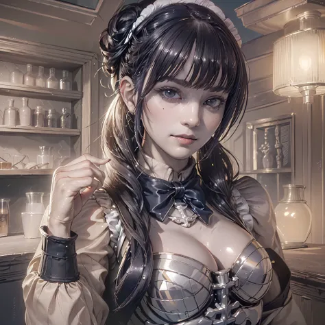 (64k, RAW photo, highres, best quality, masterpiece:2.0), (ultra-fine depiction of the detail:2.0), (realistic, beautiful, photo-realistic:1.3), 1girl, (Narberal Gamma), (long black-navy hair:1.7), (single braid bun:1.5), (shiny black hair, blue-gray eyes:...