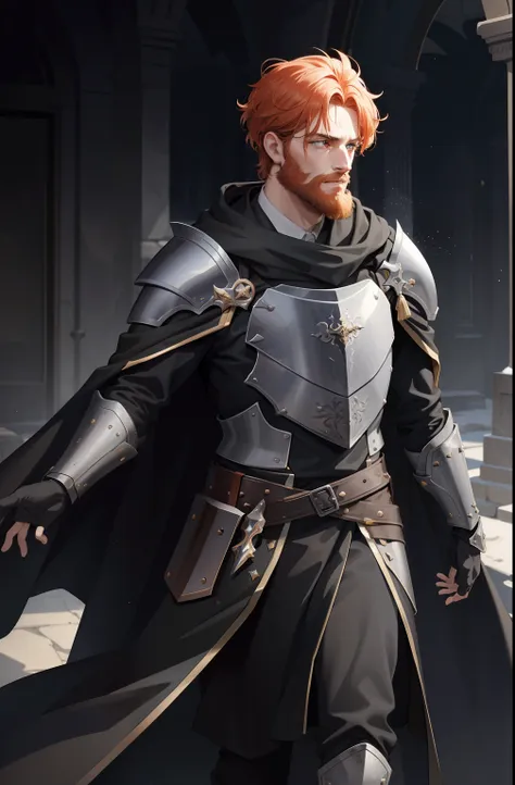 a man with short curly ginger hair, shaved, scars on the face, wearing a full plate armor, black cape, cloak, dnd style, horror ...