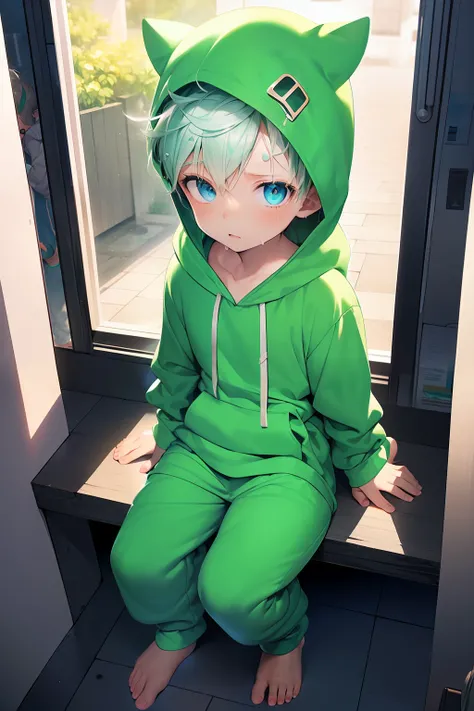 2 little boys with green hair and shiny bright blue eyes and barefoot and small feet wearing a oversized hoodie and sweatpants s...