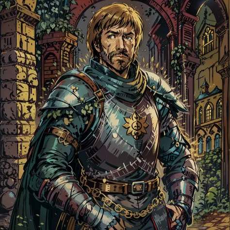 Chuck Norris look a like,knight, Personagem de RPG, fantasia medieval, fechar retrato, Armadura preta, castelo de fundo