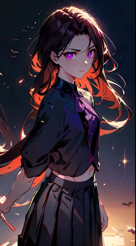 Masterpiece, Best Quality, handsome girl, 25 years, (night time, Backlit, upper-body, Dark background:1.4), (pleated long skirt:1.6), (glowing redish purple eyes,:1.4), rim lighting, ultra realistis, hight resolution, photografic, Film grain, chromatic abe...