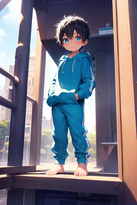 1 little boy with teal hair and shiny bright violet eyes and barefoot and small feet wearing a oversized hoodie and sweatpants s...