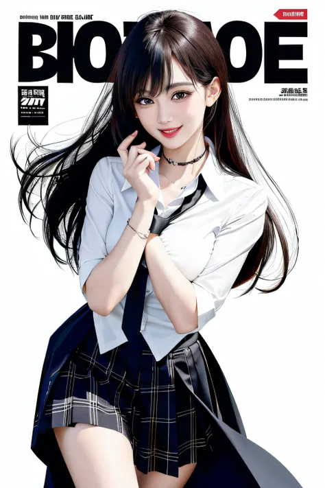 masterpiece, best quality, full body, 1girl, bangs, black choker, black necktie, black hair, blue skirt, blush, bracelet, breast...