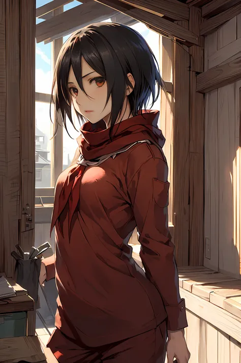 "calidad excepcional, arte anime de mikasa ackerman en pijama. mirada seria, postura sexy. gloomy sky, red neckerchief. gpo."