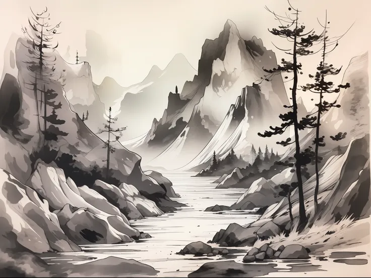 ink and watercolor painting，blackandwhite，there are mountains and rivers，37 strokes wide, (((figure)))