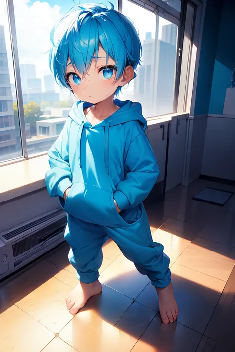 1 little boy with blue hair and shiny bright cyan eyes and barefoot and small feet wearing a yellow oversized hoodie and sweatpa...