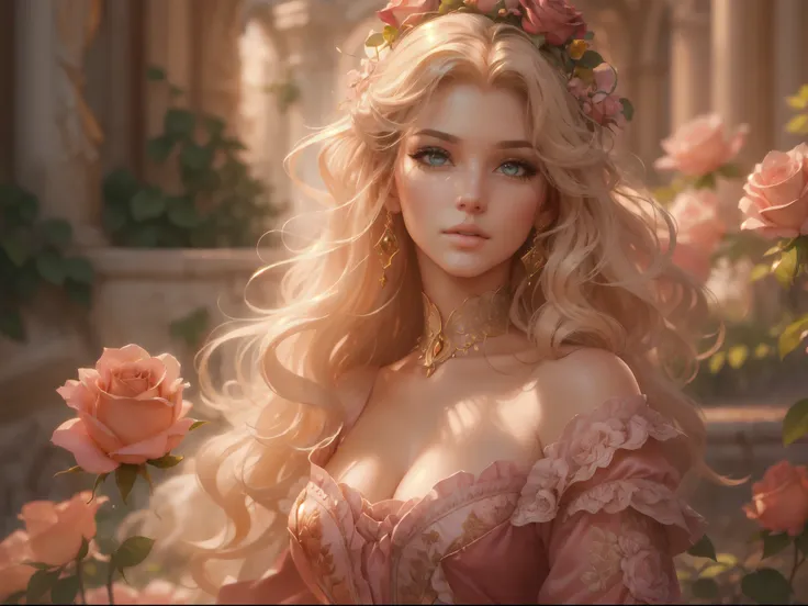 this artwork is in the style of realistic fantasy set in the castle's rose garden. generate a woman with a beautiful detailed fa...