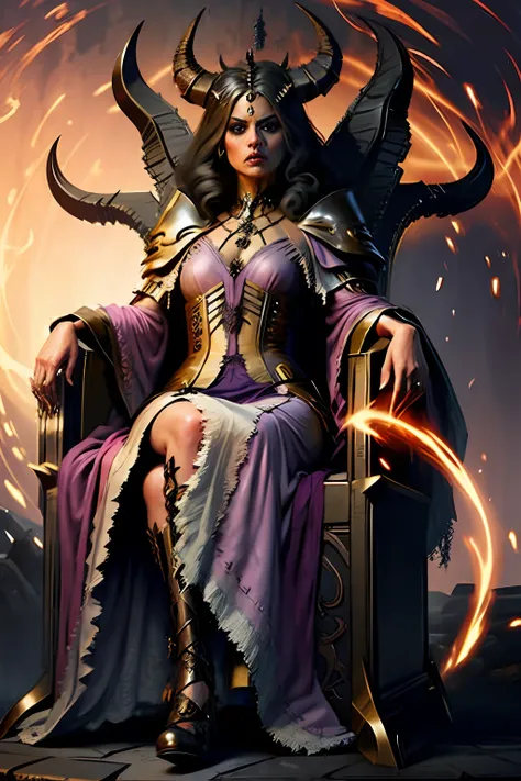 the princesse of hell full caftan outfit sitting on hier throne