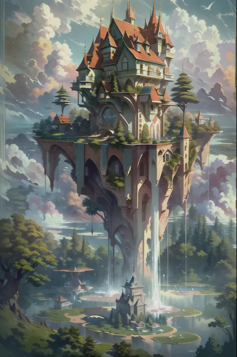 upside down world:2, (an artist's design of a floating castle on the floating the land and forest and fountain in the air, above...