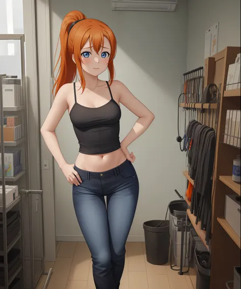 first person view , black camisole, high waisted jeans pants, blue pants , string straps, ponytail,bangs,kousaka honoka, blue ey...