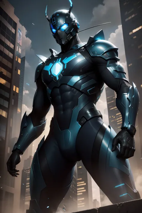 new york city, time square avenue, striking image of the Blue Beetle by Xolo Maridueña, a charismatic comic book hero from DC Comics, with captivating bluish effects on his uniform. His shiny armor is predominantly blue, with black accents that accentuate ...