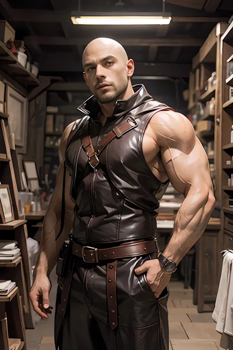 Bald beard muscular handsome full leather outfit Wear medieval