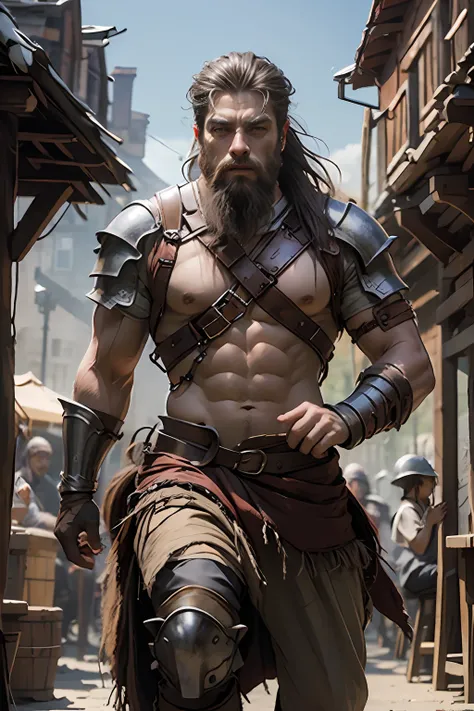 Muscular handsome warrior medieval beard riding great Legendary roaring lion