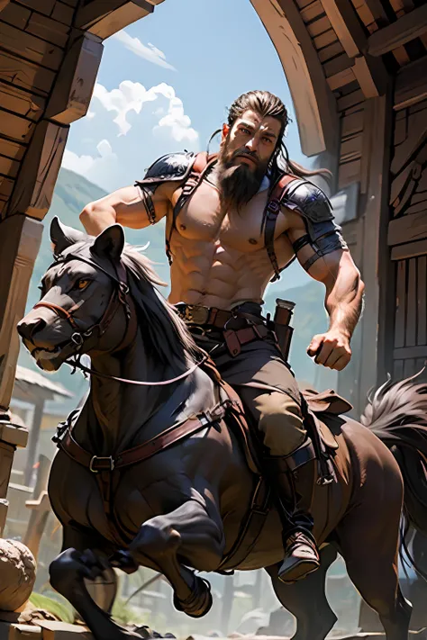 Muscular handsome warrior medieval beard riding great Legendary roaring lion