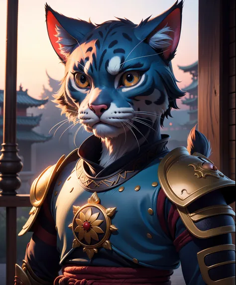 an ancient anthropomorphic cat samurai using an ancient samurai armor, photography, beautiful, bokeh temple background, colorful...