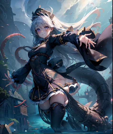 ((giantess girl. bottom of the ocean:1.2)). Beautiful girl leans out from behind the church、Look down on us. The church sank to the bottom of the sea. Girl wears a purple Gothic Lolita style dress. She looks younger. Her eyes are big. she is smiling. Wrigg...