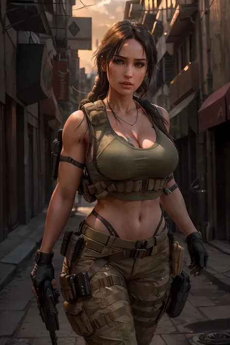 octane render, hdr, (hyperdetailed:1.3), (frontal soft light, sharp:1.2), beautiful (lara croft:1) in a street,  detailed face, ...