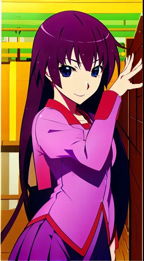 1girl in, senjougahara hitagi, 独奏, The long-haired, naoetsu high school uniform, blue eyess, juliet sleeves, student clothes, Purple hair, The shirt, Super long hair, Purple skirt, ,Bicycle parking、early evening、The upper part of the body、a smile