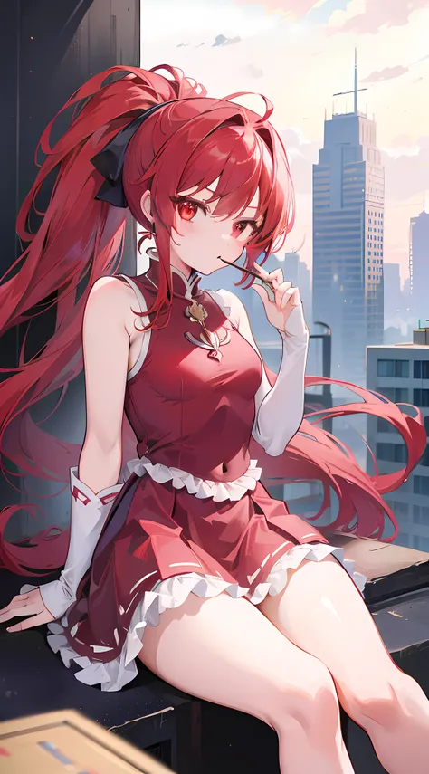 1girl, red long hair, ponytail, red dress, sitting on a building edge, eating pocky, high res, 8k, looking at viewer, ultrasharp...