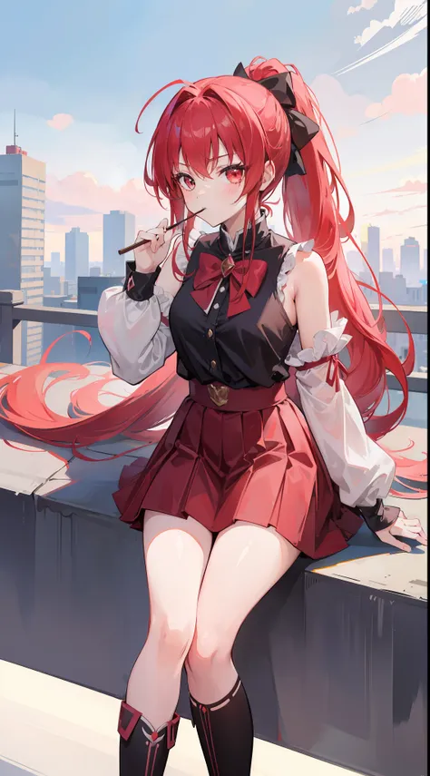 1girl, red long hair, ponytail, skirt, sitting on a building edge, eating pocky, high res, 8k, looking at viewer, ultrasharp, ab...