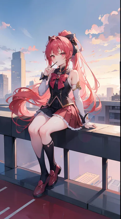 1gred long hair, ponytail, skirt, sitting on a building edge, eating pocky, high res, 8k, looking at viewer, ultrasharp, absurde...