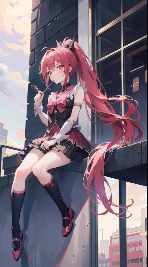 1gred long hair, ponytail, skirt, sitting on a building edge, eating pocky, high res, 8k, looking at viewer, ultrasharp, absurde...