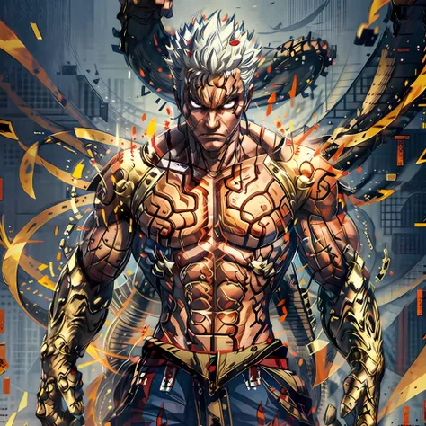 (full body, 1boy, solo), anime, asura, white hair, short spiky hair, red aura, destroyed ground, red outlines on the body, perfe...