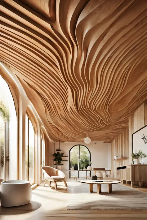 large hall with wooden wavy ceiling(photographrealistic:1.2)chaos of driftwood