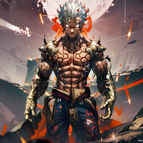 (full body, 1boy, solo), anime, asura, white hair, short spiky hair, red aura, destroyed ground, red outlines on the body, perfe...