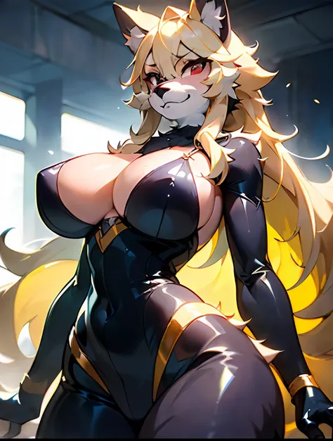 (furry gril:1.7),simplebackground，voluptious body，long and flowing hair，（huge breasts:2.5),(tightened)，(traces of extortion），(lo...