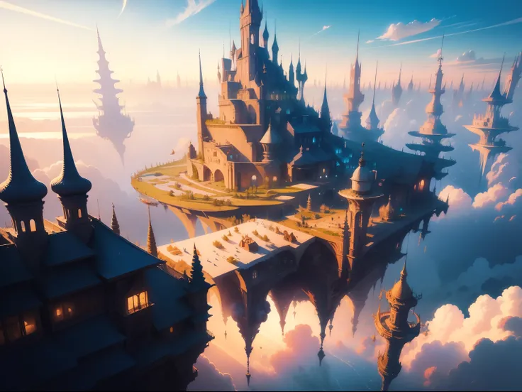 illustration,tmasterpiece,A city floating in the air,White clouds;