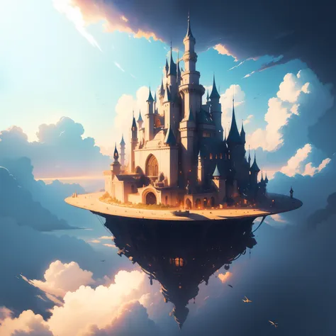 illustration,tmasterpiece,A city floating in the air,There are white clouds all around;