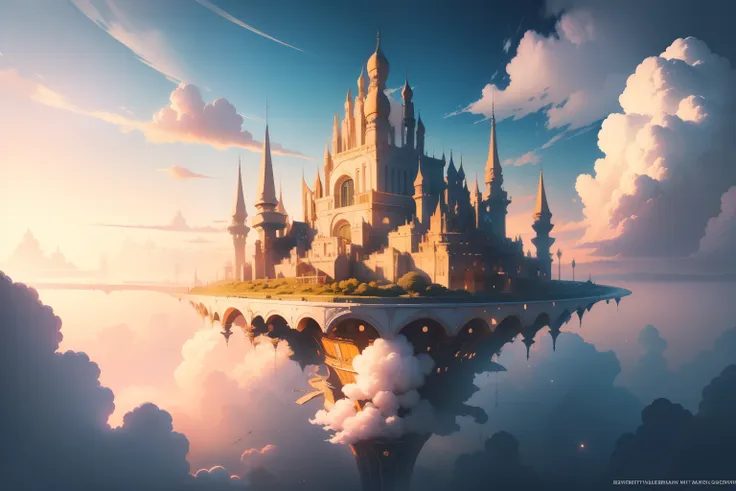 tmasterpiece，illustration，a city floating in the air，surrounded by white clouds；