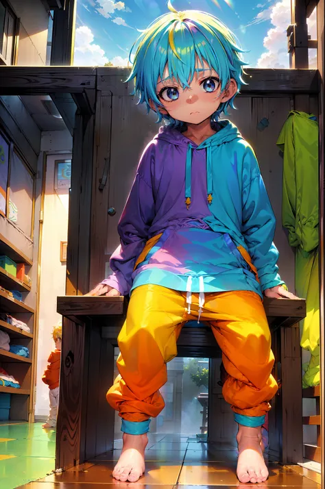 1 little boy with rainbow colored hair and shiny, glowing cyan eyes and barefoot and small feet, who wear a yellow oversized hoo...