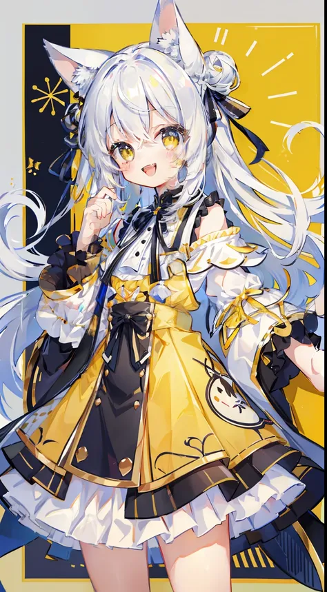 cute little、​masterpiece、top-quality、top image quality、white  hair、black ribbon on the head、twin-tailed、yellow  eyes、shoulder-le...