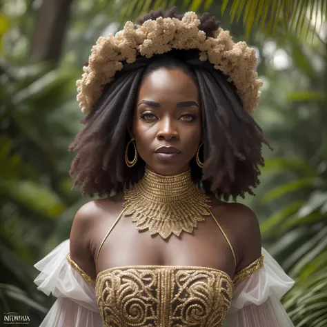 (8k, fotos raw, mais alta qualidade, obra-prima: 1.2). (realista, fotorrealista: 1,37). afrofuturistic mid age queen wearing a d...