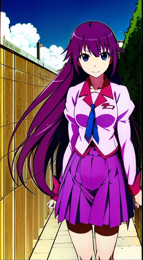 1girl in, senjougahara hitagi, 独奏, The long-haired, naoetsu high school uniform, blue eyess, juliet sleeves, student clothes, Purple hair, The shirt, Super long hair, Purple skirt, ,Bicycle parking、early evening、The upper part of the body、A smile