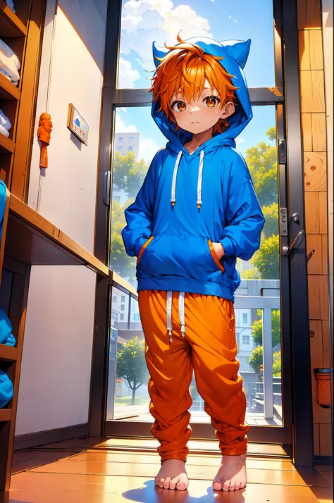 1 little boy with orange colored hair and shiny, glowing cyan eyes and barefoot and small feet, who wear a yellow oversized hood...