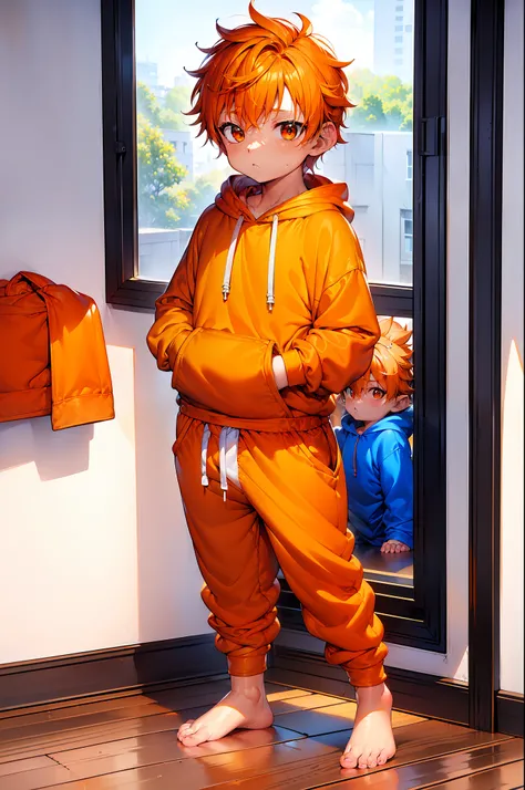 1 little boy with orange colored hair and shiny, glowing cyan eyes and barefoot and small feet, who wear a yellow oversized hood...